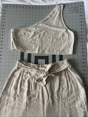 Two piece Palazzo Pant set with one shoulder crop top in linen blend